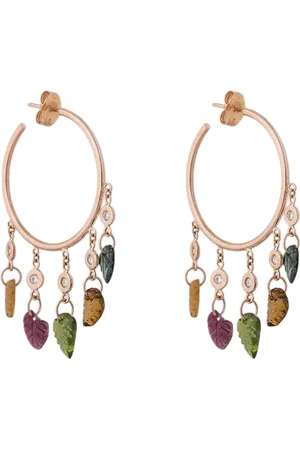 JACQUIE AICHE 14K Yellow Gold 11 Diamond Tourmaline Rainbow Leaf Shaker Hoops- Pair