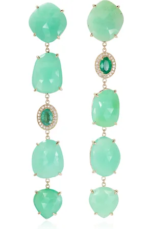 JACQUIE AICHE 14K Yellow Gold Pave Dia Oval Emerald + 4 Freeform Slice Chrysoprase Earrings