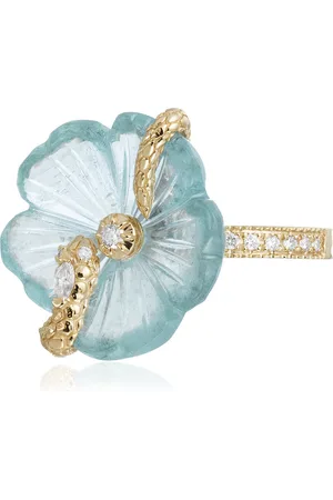 JACQUIE AICHE 14K Yellow Gold Marquise Dia Head Coiled Snake Aquamarine Flower Pave Band Ring
