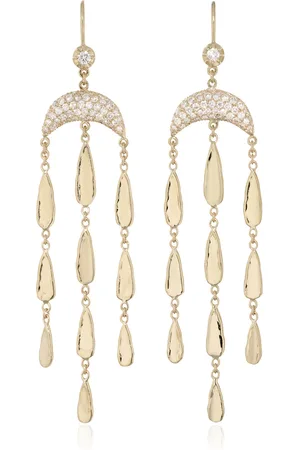 JACQUIE AICHE 14K Yellow Sophia + Pave Dia Crescent Moon Graduated Hammered Teardrop Chandelier Earrings