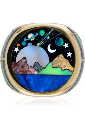 JACQUIE AICHE 14K Yellow Gold Large Round Onyx; Opal; Mop; Lapis; Malachite Scenic Galaxy Chevron Sides Inlay Ring
