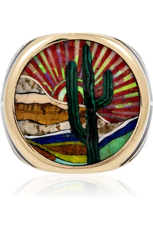 JACQUIE AICHE 14K Yellow Gold Large Round Desert Scene Multi Gemstone Inlay Ring With Chevron Sides