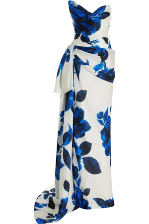 MONIQUE LHUILLIER Asymmetric Floral Printed Gazar Silk Column Gown