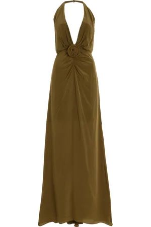 De La Vali Violetta Rosette Crepe de Chine Maxi Halter Dress