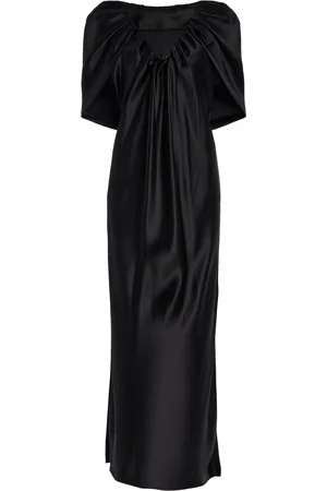 Marina Moscone Draped Satin Sheath Midi Dress