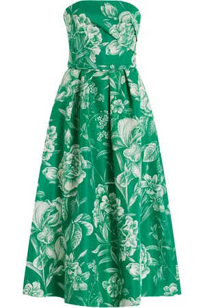 MONIQUE LHUILLIER Floral Toile Printed Silk Faille Tea Length Gown