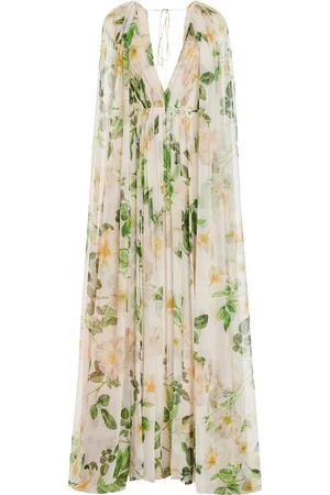 MONIQUE LHUILLIER Printed Chiffon Silk Gown with Cape
