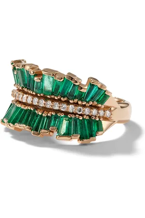 Nak Armstrong Double Ruched Ribbon 20K Rose Gold Emerald and Diamond Ring