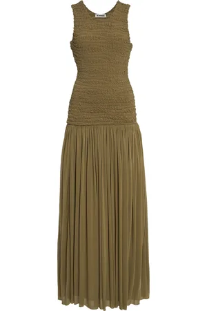 Jil Sander Smocked Drop-Waist Georgette Maxi Dress
