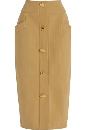 FRANCOISE Exclusive Bijou Buttoned Cotton Gabardine Midi Pencil Skirt