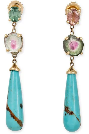 JACQUIE AICHE 14K Yellow Gold Small Assorted Tourmaline + Turquoise Droplet Stud Earrings