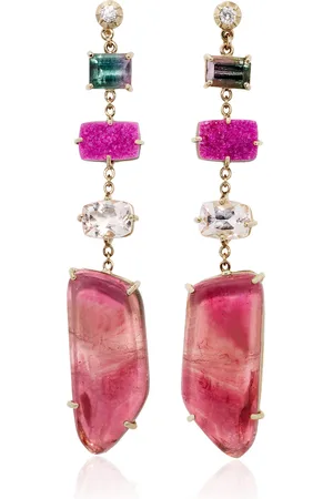 JACQUIE AICHE 14K Yellow Gold Sophia Dia; Watermelon Tourmaline Baguette; Hot Druzy; Morganite; Freeform Watermelon Tourmaline Drop Studs