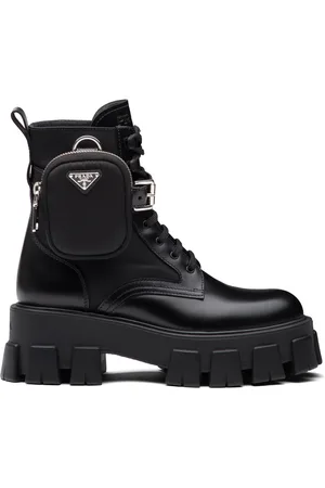 Prada Pouch-Detailed Leather Lace-Up Boots