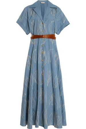 Lafayette 148 Embroidered Organic Cotton Poplin Belted Shirtdress