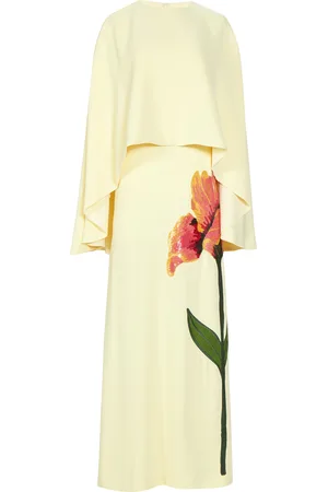 Costarellos Meena Floral-Appliqued Crepe Cape-Effect Column Gown