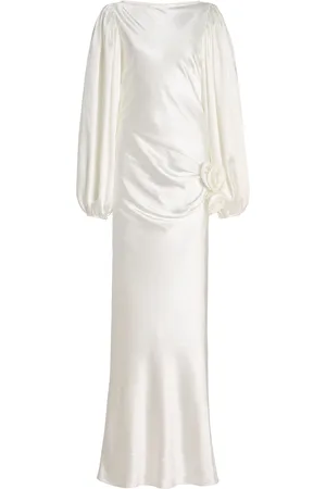 De La Vali Vivir Baloon-Sleeve Rose-Detailed Hammered-Satin Maxi Dress