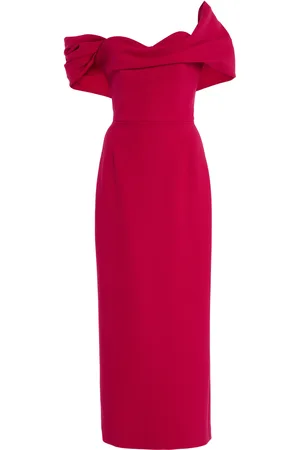 Carolina Herrera Draped Off-The-Shoulder Bi-Stretch Wool Tailoring Midi Dress