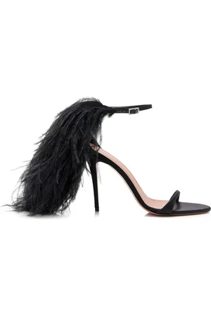 Amina Muaddi Jerry Feather-Trimmed Satin Sandals