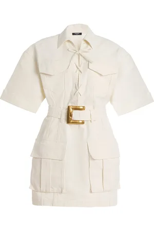 Balmain Belted Lace-Up Cotton-Canvas Mini Dress