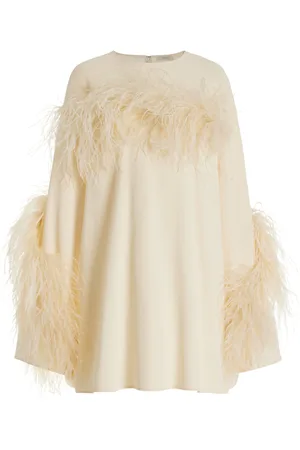LAPOINTE Feather-Trimmed Silk-Crepe Mini Shift Dress