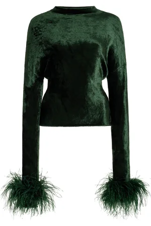 LAPOINTE Feather-Trimmed Dolman-Sleeve Velvet Top