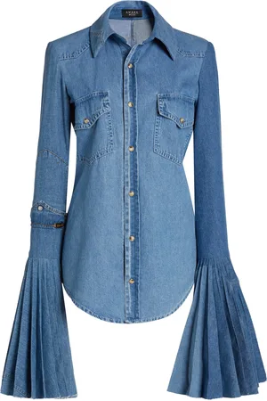 A.W.A.K.E. MODE Recycled Denim Pleated Bell Sleeves Top