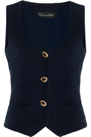 Oscar de la Renta Sleeveless Scoop Neck Cotton Tweed Gilet