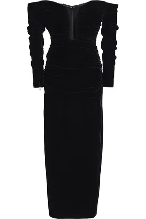 Carolina Herrera Ruched Off-The-Shoulder Stretch Velvet Midi Dress