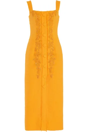 Carolina Herrera Embroiderd Cotton-Linen Midi Dress