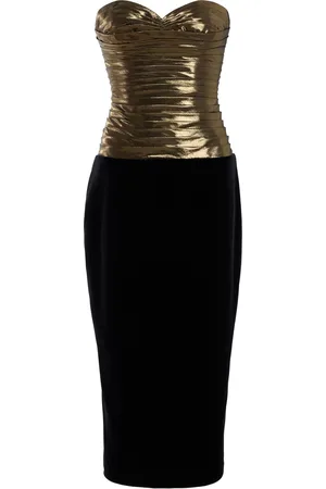 Sergio Hudson Pleated Lame and Stretch-Velvet Midi Dress