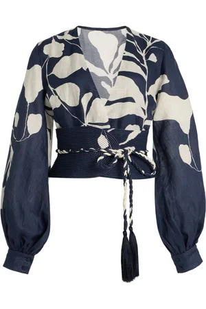 Andres Otalora La Postale Belted Botanical Linen Balloon-Sleeve Top