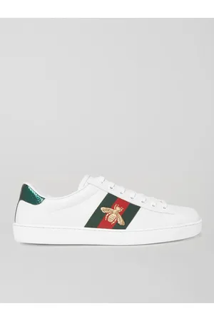 Gucci Men Sneakers - Ace Watersnake-Trimmed Embroidered Leather Sneakers