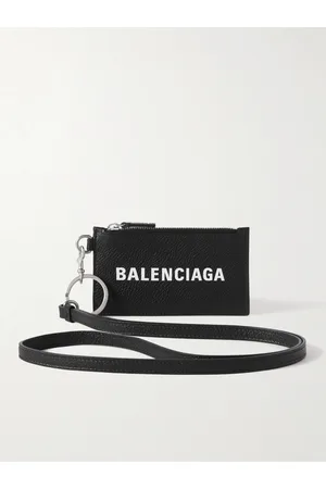 Balenciaga Men Wallets - Logo-Print Full-Grain Leather Cardholder with Lanyard