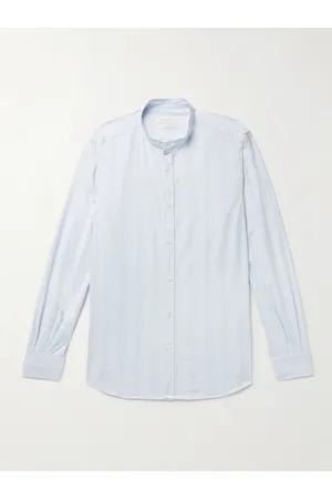 Incotex Glanshirt Grandad-Collar Striped Cotton and Linen-Blend Shirt