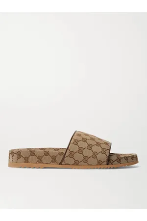Gucci Men Sandals - Leather-Trimmed Monogrammed Canvas Slides