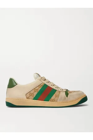 Gucci Screener Monogrammed Canvas and Webbing-Trimmed Distressed Leather Sneakers