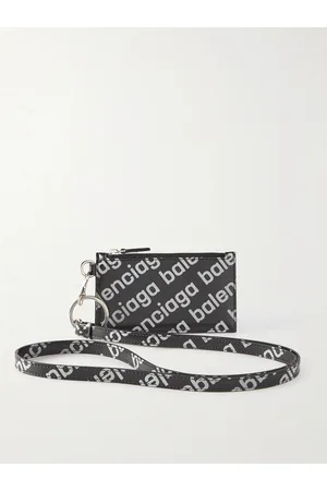 Balenciaga Reflective Logo-Print Leather Zipped Cardholder with Lanyard