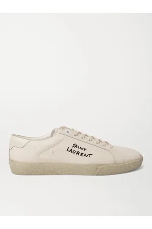 Saint Laurent Men Sneakers - SL/06 Court Classic Leather-Trimmed Logo-Embroidered Distressed Canvas Sneakers