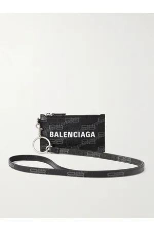 Balenciaga Logo-Print Cross-Grain Leather Cardholder with Lanyard
