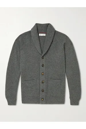 Brunello Cucinelli Men Cardigans - Slim-Fit Shawl-Collar Ribbed Cashmere Cardigan