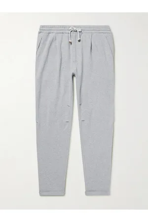 Brunello Cucinelli Men Trousers - Tapered Pleated Cotton-Jersey Sweatpants