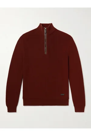 Loro Piana Leather-Trimmed Ribbed Wool Half-Zip Sweatshirt