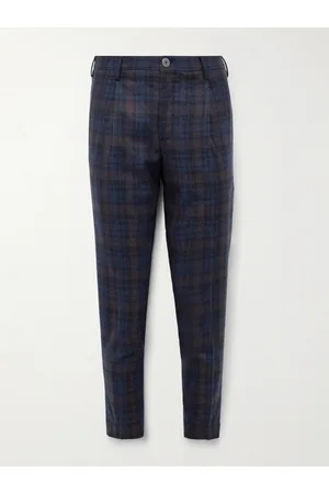 Incotex Tapered Cropped Pleated Checked Wool-Blend Trousers