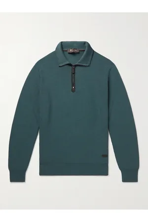 Loro Piana Men Sweatshirts - Leather-Trimmed Ribbed Wool Half-Zip Sweatshirt