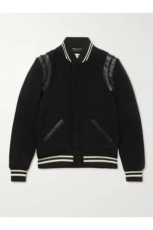 Saint Laurent Men Leather Jackets - Teddy Leather-Trimmed Metallic Virgin Wool-Blend Bomber Jacket