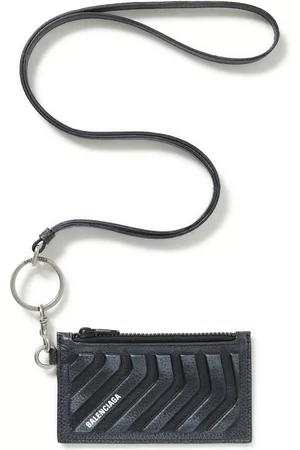 Balenciaga Logo-Print Embossed Full-Grain Leather Cardholder with Lanyard - Men
