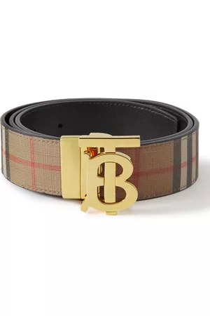 Burberry Women's Brown Beige Check Canvas Brass Logo Buckle Belt