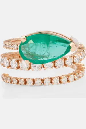Shay Teardrop Spiral 18kt gold ring with white diamonds and emeralds