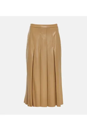 Khaki pleated faux leather midi outlet skirt