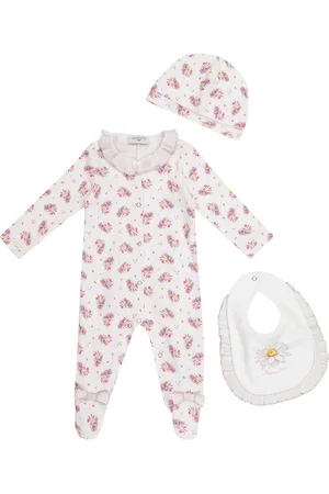 MONNALISA Baby floral cotton onesie, hat and bib set